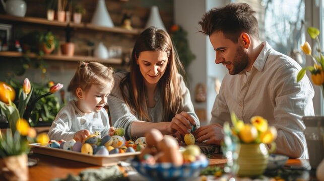 Family at home quarantine over Easter table