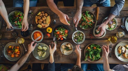 Group of friends having great time, eating lunch together. - obrazy, fototapety, plakaty