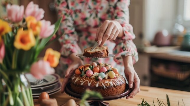 Hands of unrecognizable woman setting table with an easter cake 