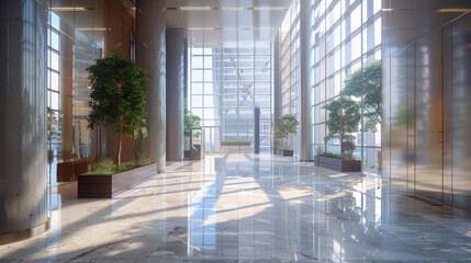 Grand Atrium: Capture the expansive atrium of a modern skyscraper, with soaring ceilings, sleek glass walls, and cascading natural light. Generative AI - obrazy, fototapety, plakaty