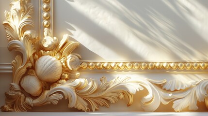 Sunlight Casting Shadows Across a Luxurious Gilded Baroque Wall Ornamentation and Decor - obrazy, fototapety, plakaty