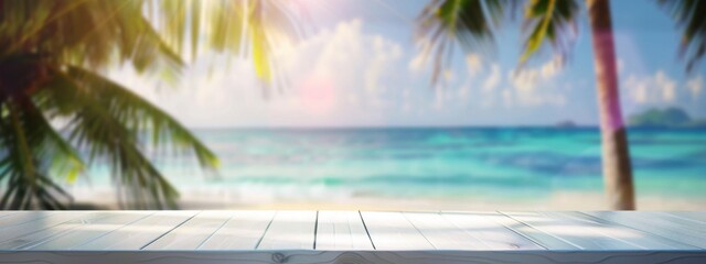 Summer beach background. Empty white table top in front, close-up, blurred tropical resort background. Vacation paradise banner with empty space for advertising product. Blank shelf generated by AI