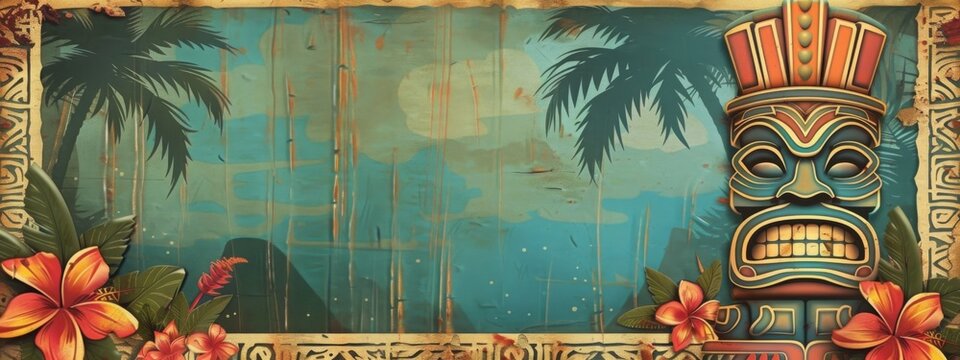 Luau Personalize, Fill in the Blank, Tiki design Template Illustration and backgrounds for party and celebration printed invitations, posters, flyers, tropical, flowers, Hawaii, paradise, vacation