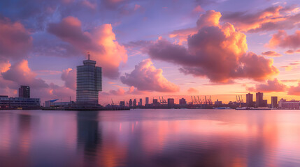 Serene Beauty of Twilight: A Captivating Display of IJ Landscape with Amsterdam Skyline in the Netherlands