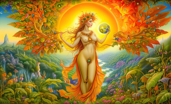 Goddess of the sun illustration. Earth goddess mythology. Divine cosmic female power, sacred feminine.  goddess of autumn harvest,  of love and peace. fantasy wallpaper
