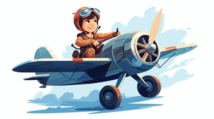 Little boy in pilot helmet and goggles flying in re