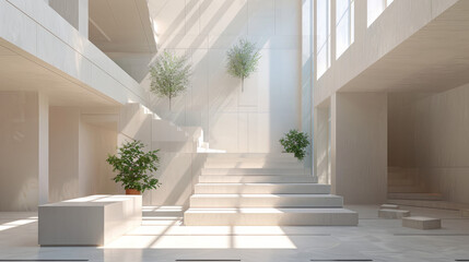 Minimalist Atrium: Photograph a minimalist atrium with clean lines, neutral tones, and understated elegance. Use generative AI to emphasize the simplicity and purity of the design. Generative AI