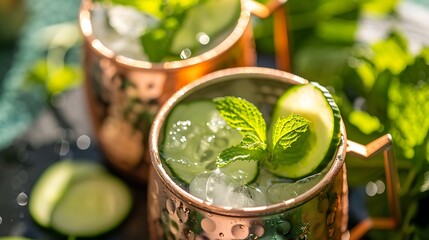 Refreshing copper mug of cold summer cocktail with cucumber slices and mint leaves. - Powered by Adobe