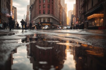 View of highway in New York city with cars and building with puddle of water as reflection effect