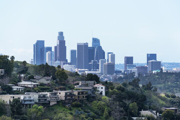 Fototapeta na wymiar Downtown Los Angeles skyline towers with hillside homes in foreground.