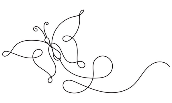 Butterfly in One continuous line drawing. Beautiful flying moth for wellbeing beauty or spa salon logo and divider concept in simple linear style. Editable stroke. Isolated on white background
