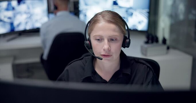 Emergency, call center and woman on computer for service, first responder and customer support. Telecommunication, surveillance office and person with headset for security, helpline and contact