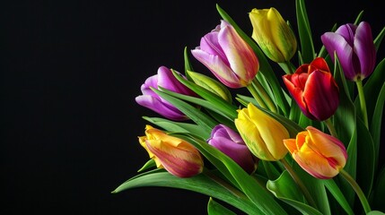 Multicolored tulips on black background with copy space for text. Bouquet of spring flowers. Isolated on black background.
