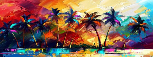 Abstract painting concept. Colorful art of a Caribbean palm tree landscape. Cuban culture.  - obrazy, fototapety, plakaty