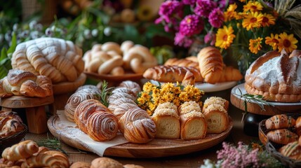 Platter of Italian pastries and breads for Saint Joseph's Day, adorned with fresh flowers and Joseph's staff symbols