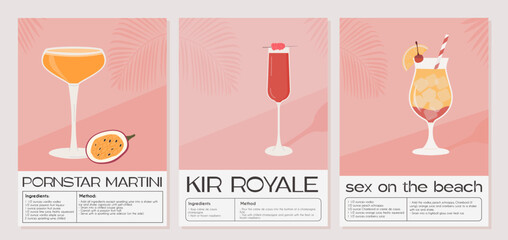 Pornstar Martini, Kir Royale and Sex on the beach Cocktail. Classic alcohol beverage recipe. Set of modern trendy graphic print. Summer aperitif wall art. Minimalist poster with garnish drink. Vector.