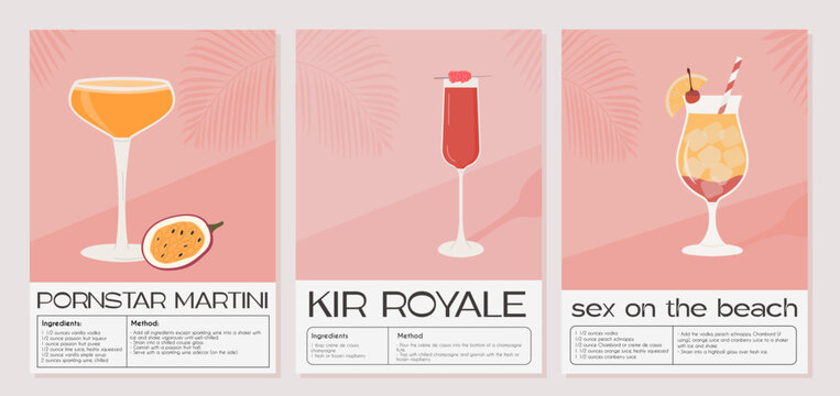 Pornstar Martini, Kir Royale and Sex on the beach Cocktail. Classic alcohol beverage recipe. Set of modern trendy graphic print. Summer aperitif wall art. Minimalist poster with garnish drink. Vector.