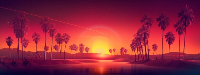 Obraz premium Palm background 80 s, 90 s style. Landscape of sunset. Image of old, retro, vintage style. 