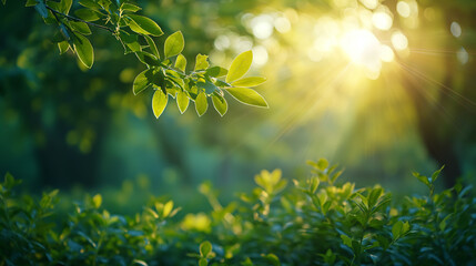 A serene dawn breaks as warm sunlight filters through the vibrant green leaves of a lush garden, heralding a new day - springtime background - Generative AI - obrazy, fototapety, plakaty