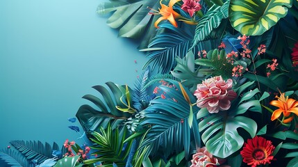 vibrant tropical leaves and flowers on blue background, can be used as background for beauty,...