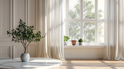 The image is of a bright and airy room with a large window. The window has white curtains and there are three potted plants on the windowsill.