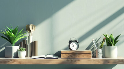 Desk Arrangement: Capture the notebook open to a blank page, positioned next to a vibrant green plant and a white alarm clock placed on top of colorful diaries. Generative AI - obrazy, fototapety, plakaty