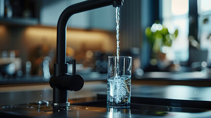 A modern water tap with purified water fills a glass. Close-up of water being poured into a glass from a tap. - obrazy, fototapety, plakaty