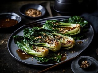 Baked bok choy or pak choi seasoned with soy sauce and roasted sesame seeds. Asian cabbage dish. gourmet lunch - obrazy, fototapety, plakaty