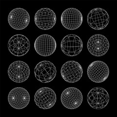 Wireframe shapes, lined sphere. Perspective mesh, 3d grid. Low poly geometric elements. Retro futuristic design elements, y2k, vaporwave and synthwave style. Vector illustration
