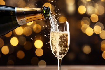 Bartender pouring champagne into glass, close-up. sparkling wine. bokeh and golden lights. new year and holiday