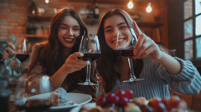 Self portrait of stylish positive cheerful best friends showing two fingers hi holding wineglasses with red wine in hands having video-call sitting at the table modern dinning room indoor