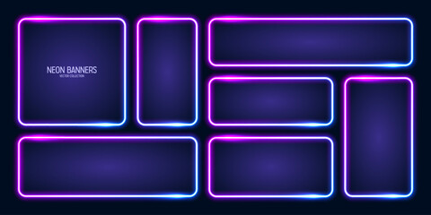Glowing neon banners, illuminated colorful square frames. Shiny vibrant border, glow effect. Blue vintage retro lights, night illumination. Modern futuristic UI design elements. Vector illustration