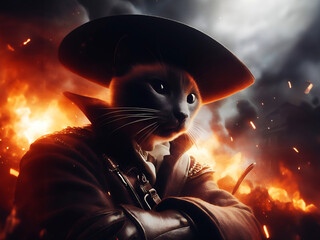 Anthropomorphic Siamese cat as a Chevalier, cute animal portrait for a kitty, background is fire, smoke and blast, Wall Art Design for Home Decor, wallpaper for cellphone, desktop, laptop - obrazy, fototapety, plakaty