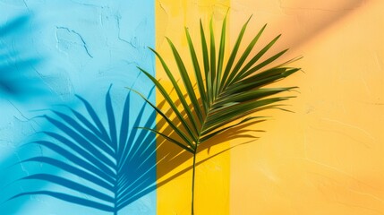 A palm leaf is shown against a blue and yellow wall, AI
