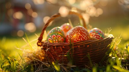 Unique hand painted Easter eggs in basket on grass. Traditional decoration in sun light 