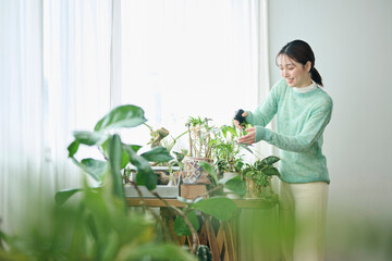 観葉植物の世話をする20代女性