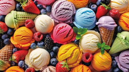A close up of a pile of ice cream cones and berries, AI