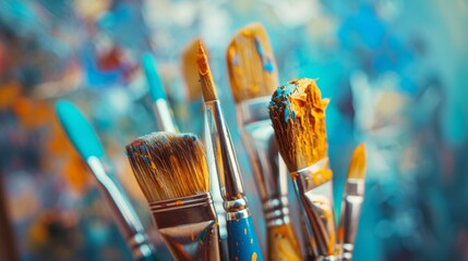 Variety of colorful paint brushes against an abstract background in an artist's studio