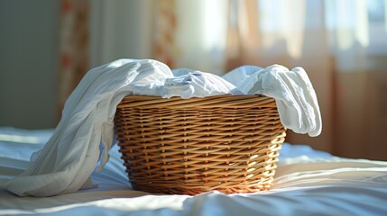 Soft towels overflowing from a wicker laundry basket on a crisp white bedspread - obrazy, fototapety, plakaty