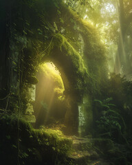 ruins of a portal, overgrown with moss and vines, in a deep forest, bathed in rays of sunlight 
