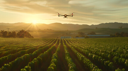 Fototapeta na wymiar A drone flying above lush green fields during sunset. Agriculture technology concept