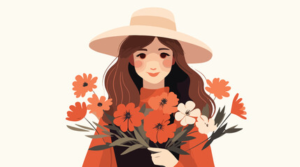 A flat illustration of a girl wearing a hat and hol