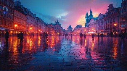A bustling city square at dusk - obrazy, fototapety, plakaty