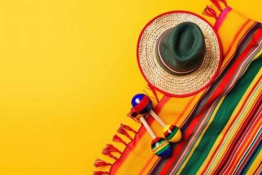 Cinco-de-mayo carnival concept. Top view photo of sombrero colorful striped poncho and couple of maracas on isolated vibrant yellow background with blank space - generative ai