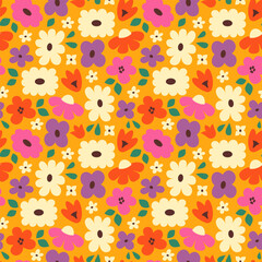 Vector seamless pattern of bold naive colourful flowers and leaves in retro groovy style. Daisy flowers in vivid colours on orange background. - 763623612