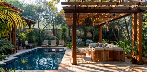 Inviting luxury outdoor living space with pool and lounge chairs, showcasing relaxation and upscale lifestyle in perfect sunlight