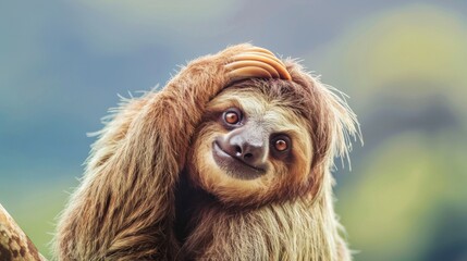 Fototapeta premium A sloth is sitting on a branch with its head in the air, AI