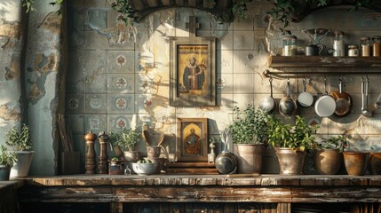 Obraz premium Rustic kitchen setting with a small Saint Joseph shrine, surrounded by traditional Italian cooking utensils and herbs