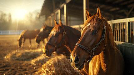 Horses in the stable against the setting sun at golden hour - obrazy, fototapety, plakaty