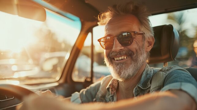 transport, vehicle and people concept - smiling man or driver driving car in summer